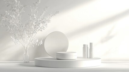 Aufkleber - Minimalist white product display with cylindrical podium, cream jar, tubes, and delicate white branches in a glass vase, bathed in soft sunlight. : Generative AI