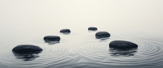 Poster - Five dark grey stones float serenely on calm, still water, creating concentric ripples; a minimalist zen garden scene. : Generative AI