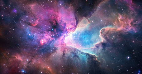 Poster - A vibrant nebula swirls in a cosmic dance of pink, purple, and blue hues, scattered with countless stars across the dark expanse of space. : Generative AI
