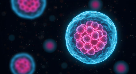 Poster - Close Up of Pink and Blue Illuminated Cell Structures with Dark Background and Floating Red Particles Biology Science Illustration