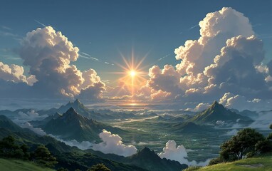 majestic mountains bask under a celestial sun