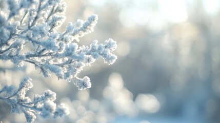 Aufkleber - A frosty winter branch, delicately coated in ice crystals, glows softly in the sunlight, creating a serene and peaceful winter scene. : Generative AI