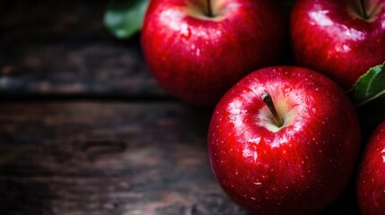 Poster - Closeup of three ripe, red apples with water droplets, resting on a dark wooden surface.  Leaves are partially visible near the apples, suggesting freshness. : Generative AI