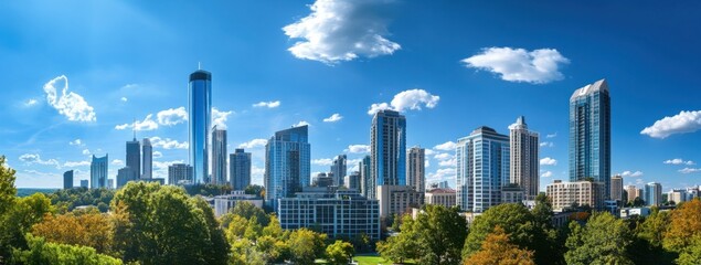 Poster - Midtown Atlanta cityscape panorama showcasing modern skyscrapers under a vibrant blue sky with fluffy white clouds, lush green trees framing the urban scene. : Generative AI