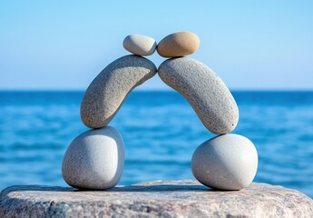 Poster - Balanced stones forming an arch against a tranquil ocean backdrop, a serene coastal scene evoking peace and harmony. : Generative AI