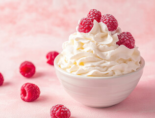 Poster - A small white bowl filled with whipped cream is adorned with fresh raspberries, creating a delectable dessert image perfect for culinary blogs or food packaging. : Generative AI