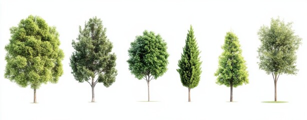 Fototapete - Collection of six diverse trees isolated on white: deciduous and coniferous species, showcasing various shapes and sizes, ideal for landscaping and architectural visualization projects : Generative AI