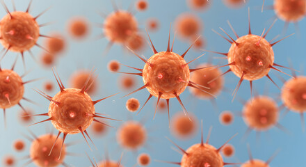 Poster - Detailed 3D Render of Orange Spike Spheres Against Gradient Blue Backdrop Simulating Microscopic View