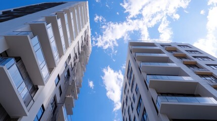 Poster - Two modern apartment buildings rise towards a bright blue sky, showcasing sleek balconies and contemporary architecture. : Generative AI