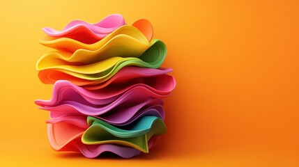 Poster - A vibrant stack of colorful curved shapes creates a playful abstract design on a solid orange background now.