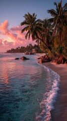 Fototapete - Serene sunset over a tropical beach, palm trees swaying gently in the warm breeze, pink clouds reflecting on the calm ocean water. : Generative AI