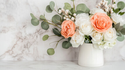 Aufkleber - Elegant peach and white roses in a ceramic vase, arranged with eucalyptus branches against a marble background.  A delicate and sophisticated floral arrangement perfect for home decor  : Generative AI