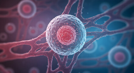 Poster - Detailed Microscopic Cell Structure with Nucleus and Interconnecting Web on Blue Background