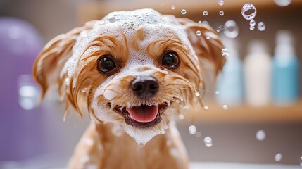 Poster - A happy Yorkshire Terrier puppy enjoys a bubbly bath, its fur covered in fluffy white shampoo suds, water droplets splashing around it. : Generative AI