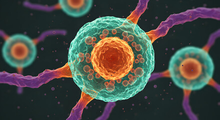 Poster - Detailed Microscopic Rendering of Orange Cell Nucleus with Turquoise Body and Purple Dendrites on Dark Backdrop