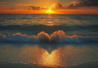 Fototapete - Heart-shaped wave crests at sunset, reflecting golden light on the beach sand.  Ocean waves gently break on the shore, creating a romantic and peaceful scene. : Generative AI