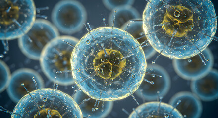 Poster - Detailed Microscopic View of Transparent Cells with Yellow Nucleus and Spikes in Scientific Background