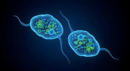 Poster - Detailed Microscopic View of Two Microorganisms with Flagella and Colorful Granules in Dark Blue Background