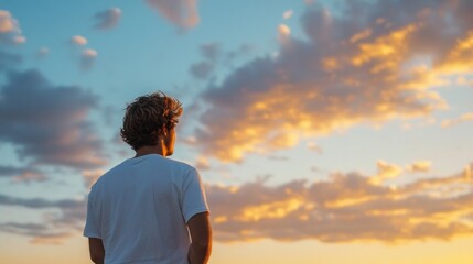 Fototapete - Young man with curly hair contemplates a vibrant sunset sky, filled with warm orange and golden hues, a feeling of peace and serenity. : Generative AI