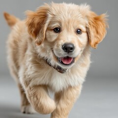 Poster - Adorable golden retriever puppy running towards the camera, playful expression, light beige fur, brown eyes, small collar, studio shot against gray background. : Generative AI