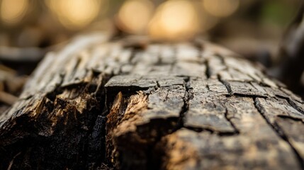 Leinwandbilder - Close-up view of a weathered, decaying log in a forest setting, showing intricate texture and patterns of cracked wood. : Generative AI