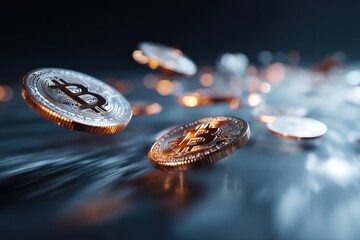 Leinwandbilder - Close-up view of several gold-toned bitcoin cryptocurrency coins falling or floating in a dark, blurred background, suggesting digital currency transactions or financial technology. : Generative AI