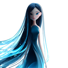 Poster - Stunning 3d render of a blue glowing hair anime girl in elegant dress dark background mysterious fantasy on transparent background