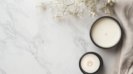Fototapete - Two black candles with white wax sit on a marble surface, next to a beige textile and a sprig of dried baby's breath flowers. : Generative AI