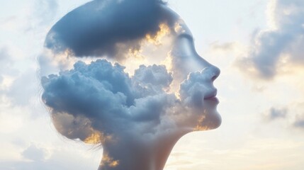 Poster - Serene female profile silhouette overlaid with dreamy cloudscape, evoking peace and tranquility against a soft, pastel sky.  The image suggests inner peace and connection with nature. : Generative AI