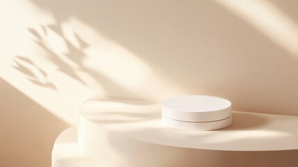 Poster - A minimalist round podium rests on a smooth surface, creating soft shadows in neutral tones. This serene composition enhances any creative project or display.