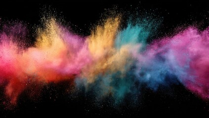 Leinwandbilder - Vibrant explosion of multicolored powder against a black background, showcasing dynamic textures and a captivating color palette of pink, orange, teal, and gold hues. : Generative AI