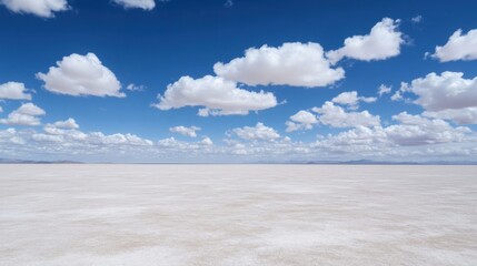 Aufkleber - Vast, white salt flat under a brilliant blue sky dotted with fluffy cumulus clouds, creating a serene and expansive landscape. : Generative AI