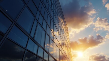 Poster - Modern glass skyscraper reflecting a vibrant sunset sky, showcasing architectural details and the interplay of light and shadow. : Generative AI