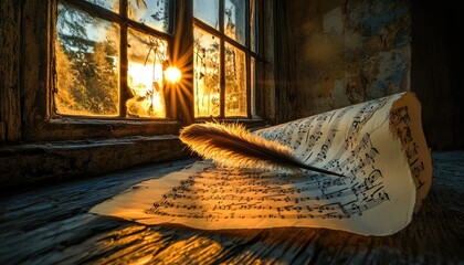 Poster - Sunlight streams through window illuminating vintage paper with feather pen on wooden surface emphasizing history and storytelling. The scene captures warmth with light and shadow in an old room.