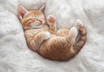 Poster - Adorable ginger kitten peacefully sleeping curled up on a soft, fluffy, cream-colored blanket.  Sweet dreams for this tiny feline. : Generative AI