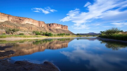 Leinwandbilder - Serene river reflecting sandstone cliffs under a vibrant blue sky, showcasing a tranquil desert landscape with lush vegetation along the banks. : Generative AI