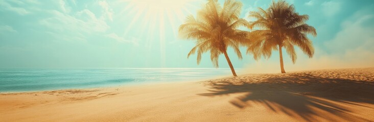 Fototapete - Two palm trees cast long shadows on a tranquil beach at sunset, the sun's rays illuminating the serene ocean and sky. : Generative AI