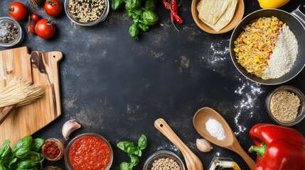Poster - Aromatic Italian cooking ingredients arranged on a dark rustic surface, featuring pasta, corn, tomatoes, basil, and various spices, ready for culinary creation. : Generative AI