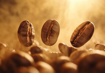 Poster - Three roasted coffee beans levitate above a pile of others, illuminated by warm, golden light and surrounded by a subtle, hazy atmosphere. : Generative AI