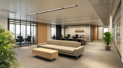 Leinwandbilder - Modern office waiting area with beige sofa, wooden coffee table, and potted plants, showcasing a contemporary design aesthetic and city views through glass walls. : Generative AI