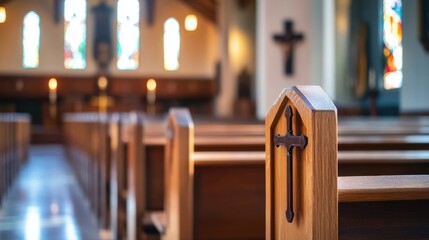 Poster - Wooden church pew with a small cross detail, showcasing a softly lit sanctuary with stained glass windows in the background. : Generative AI