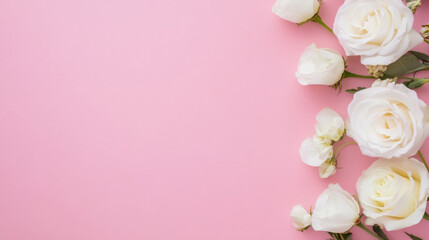 Poster - Elegant arrangement of white roses on a soft pink background, perfect for wedding invitations or romantic designs.  The delicate blooms create a beautiful and serene atmosphere. : Generative AI