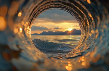 Fototapete - Sunset view through a breaking ocean wave, showcasing a vibrant golden light reflecting on the water surface and distant mountains. : Generative AI