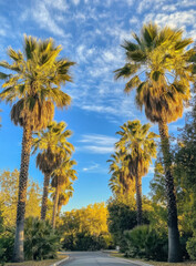 Aufkleber - Sunlit palm trees line a residential road, creating a picturesque, tropical-like avenue under a vibrant blue sky with fluffy clouds. : Generative AI