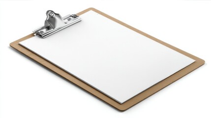 Poster - Blank clipboard with a brown cardboard backing and a silver metal clip, isolated on white background, perfect for mockup and design projects. : Generative AI