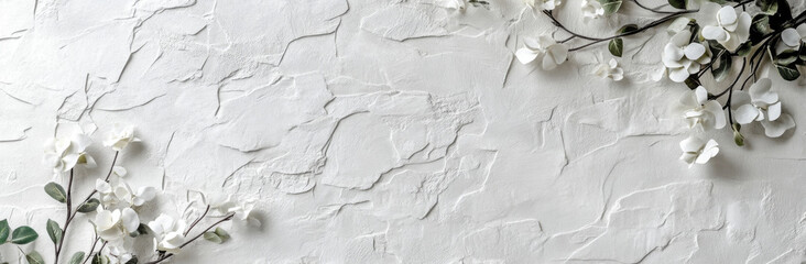 Poster - Elegant white flowers arranged on a textured off-white plaster wall, creating a serene and minimalist floral backdrop. : Generative AI