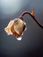 Aufkleber - A single, pale rosebud, delicately adorned with glistening dewdrops, hangs from its stem against a softly blurred, gray background.  The image evokes a sense of quiet beauty and gentle : Generative AI