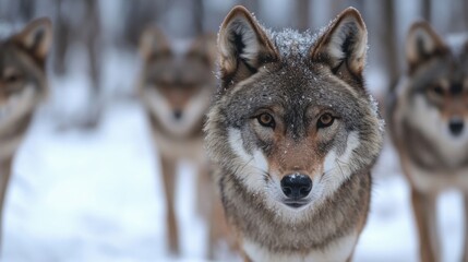 Fototapete - A gray wolf with snow on its fur stares intently forward, two other wolves blurred in the background in a snowy winter forest. : Generative AI