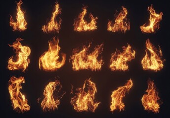 Leinwandbilder - collection of sixteen realistic fire flames, isolated on black background, perfect for vfx, animatio