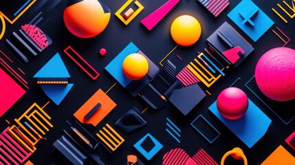 Poster - A vibrant array of geometric shapes and spheres scattered on a dark background creating a modern design
